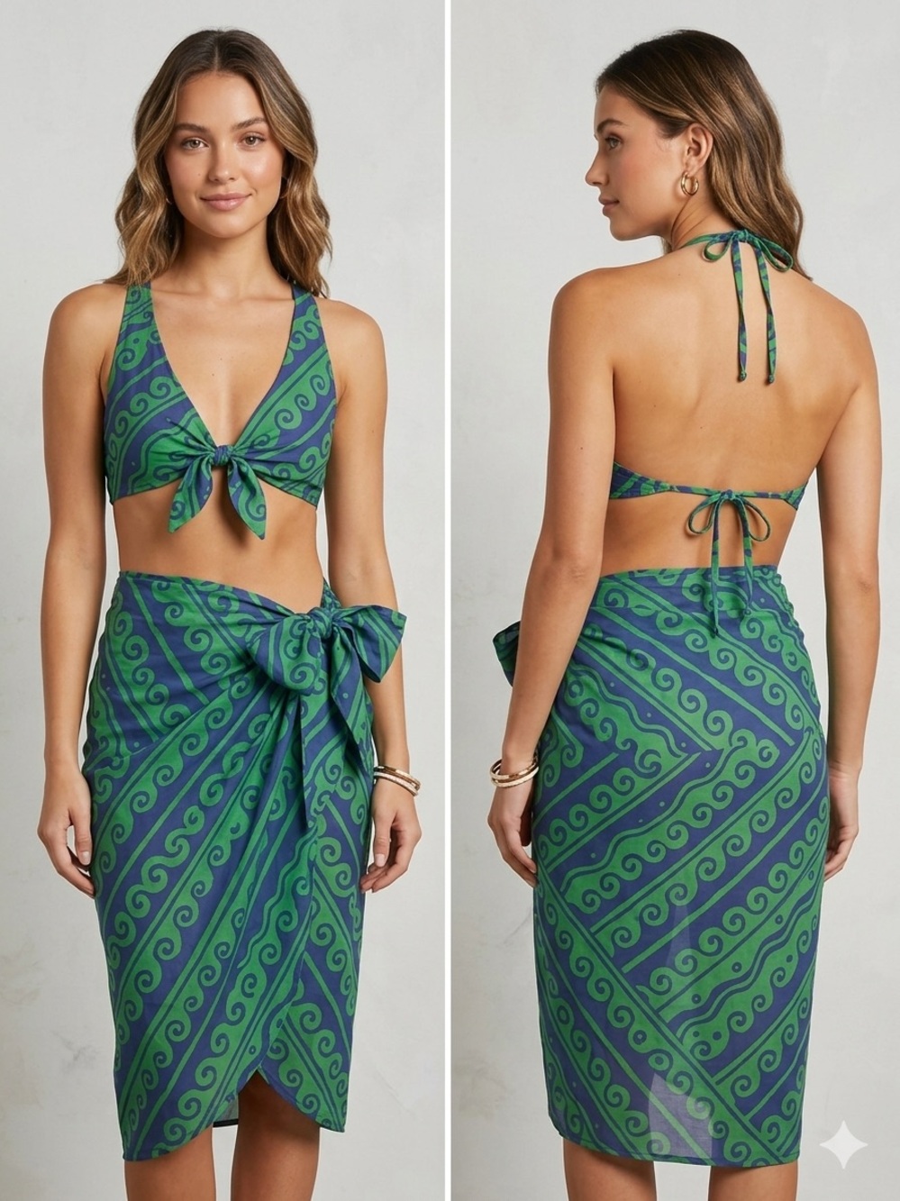 Anthropologie Green and Navy Swirl Tie-Front Top with Matching Sarong